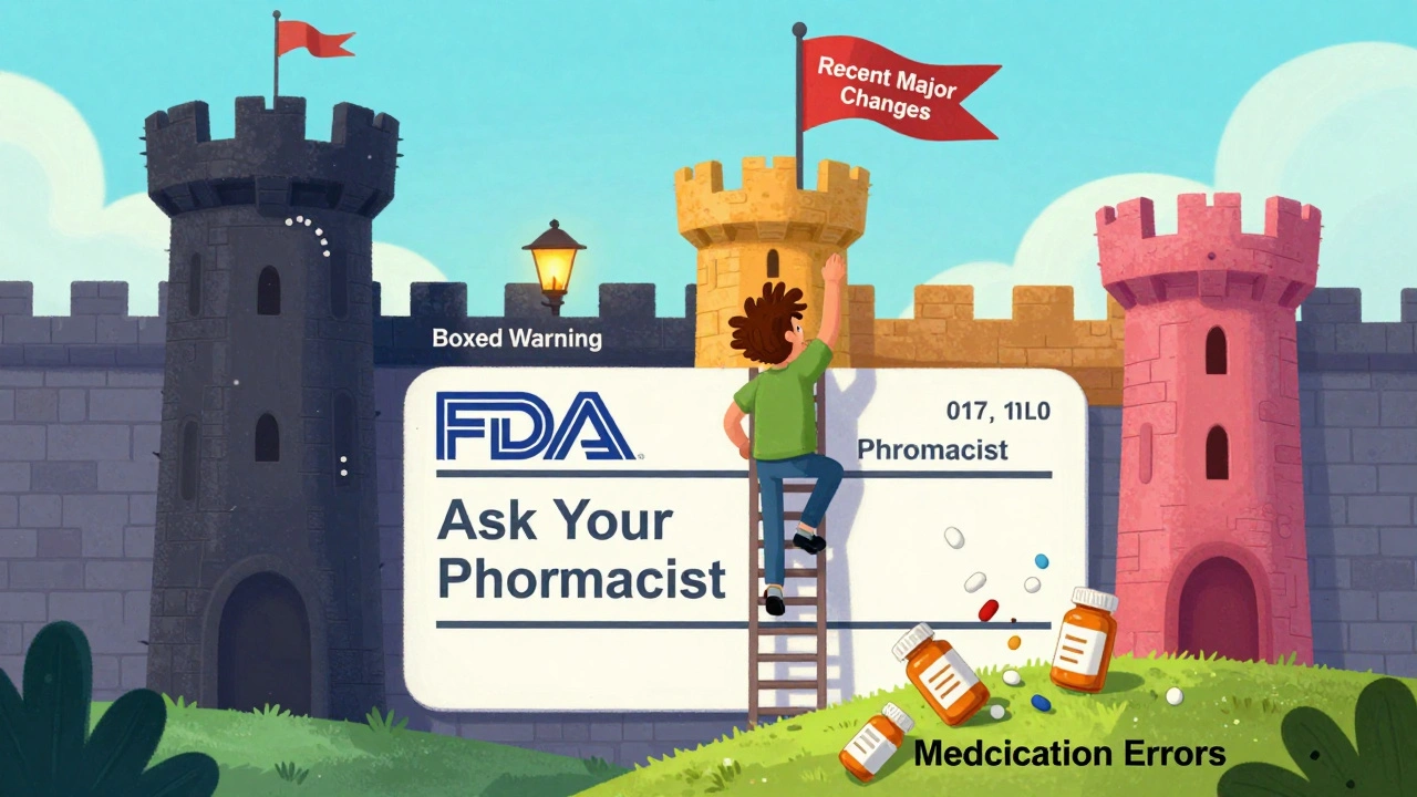 An anthropomorphic FDA label castle with themed towers, and a patient climbing to find recent safety updates.