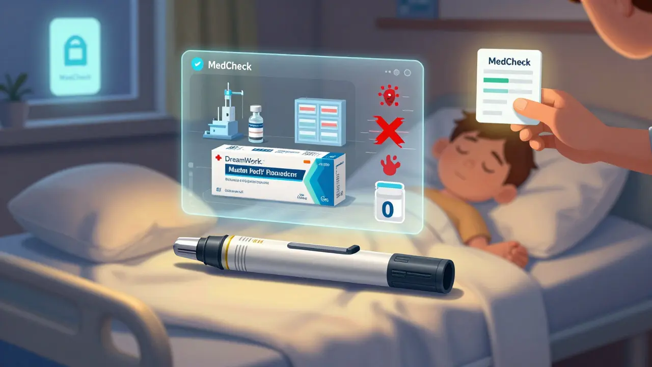 An insulin pen on a bed with digital overlay showing real vs fake supply chain, a glowing app pulses nearby.