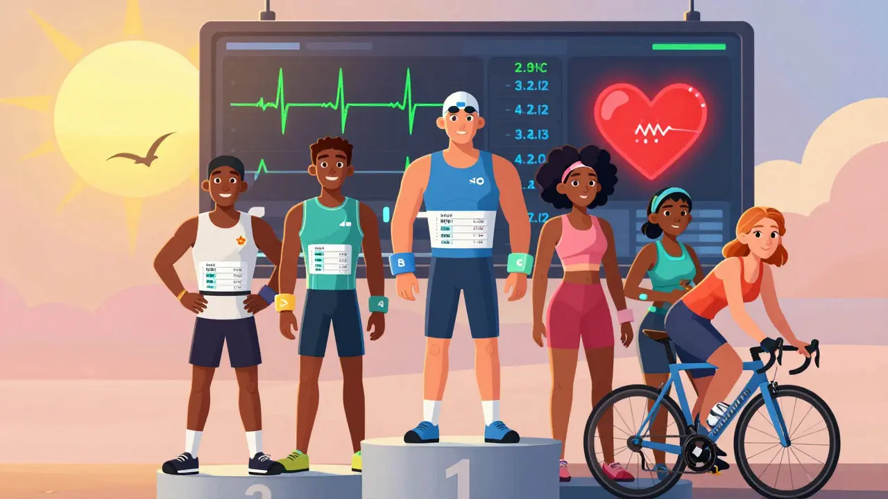 Athletes on a podium with personalized medication wristbands and health data display.