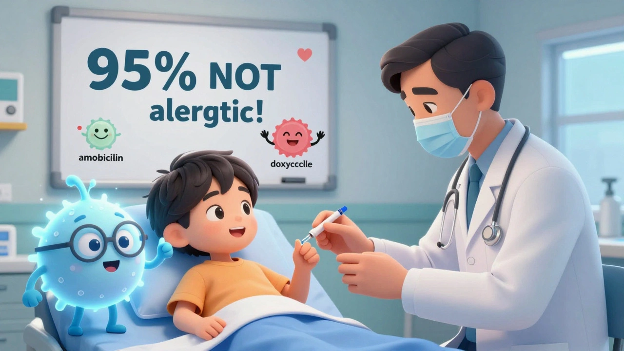 Child taking penicillin under supervision as a friendly white blood cell smiles in support.