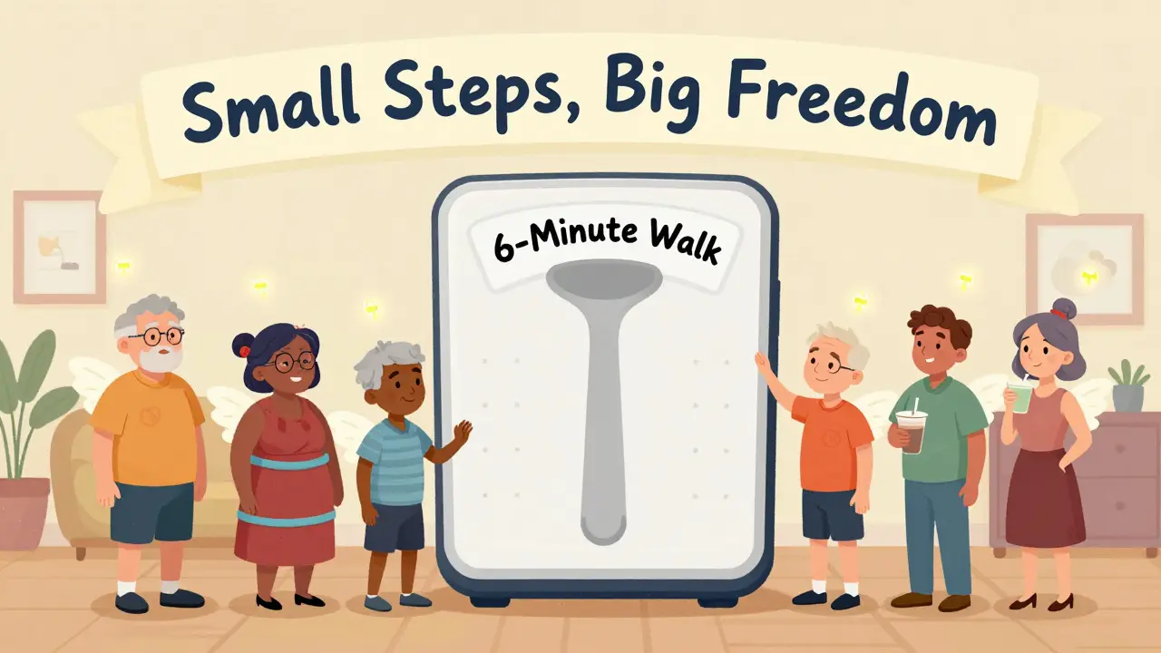 COPD patients exercising at home with glowing muscle icons rising from their bodies, symbolizing improved strength.