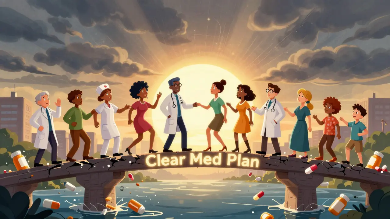 Diverse group building a bridge from scattered pills to clear medication plan, golden light connecting them.