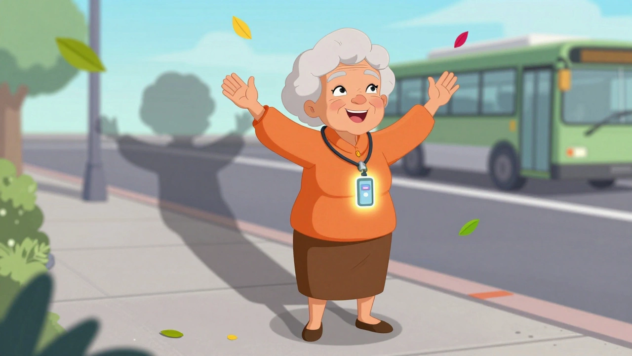 Elderly woman walking confidently, shadow transformed, shunt valve glowing softly on chest.