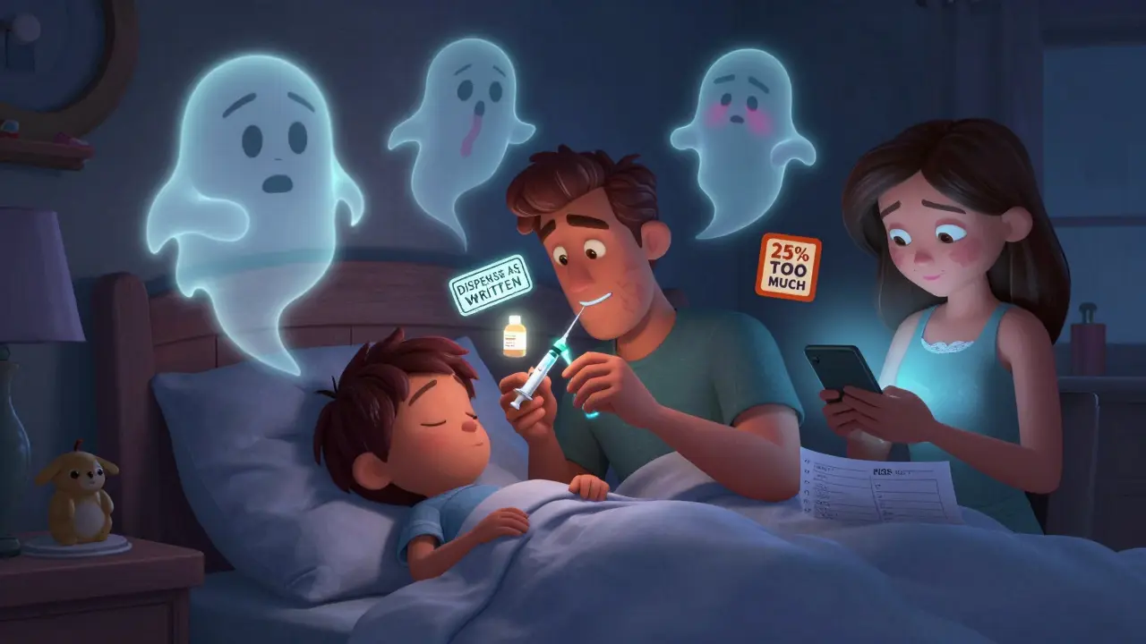 Family giving medicine with oral syringe, glowing 'dispense as written' stamp above prescription, side effects as ghostly shapes.