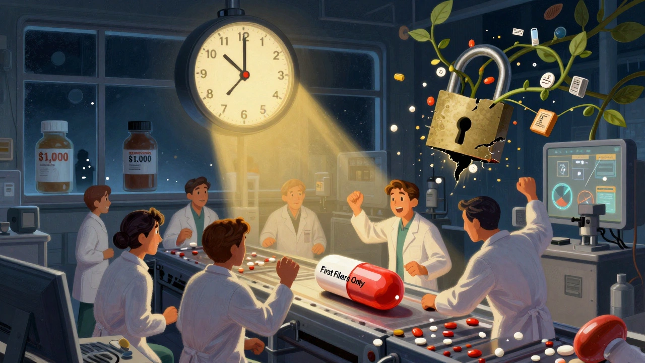 Generic drug factory with first filer pill rolling out, 180-day clock glowing, brand bottles shrinking in background.