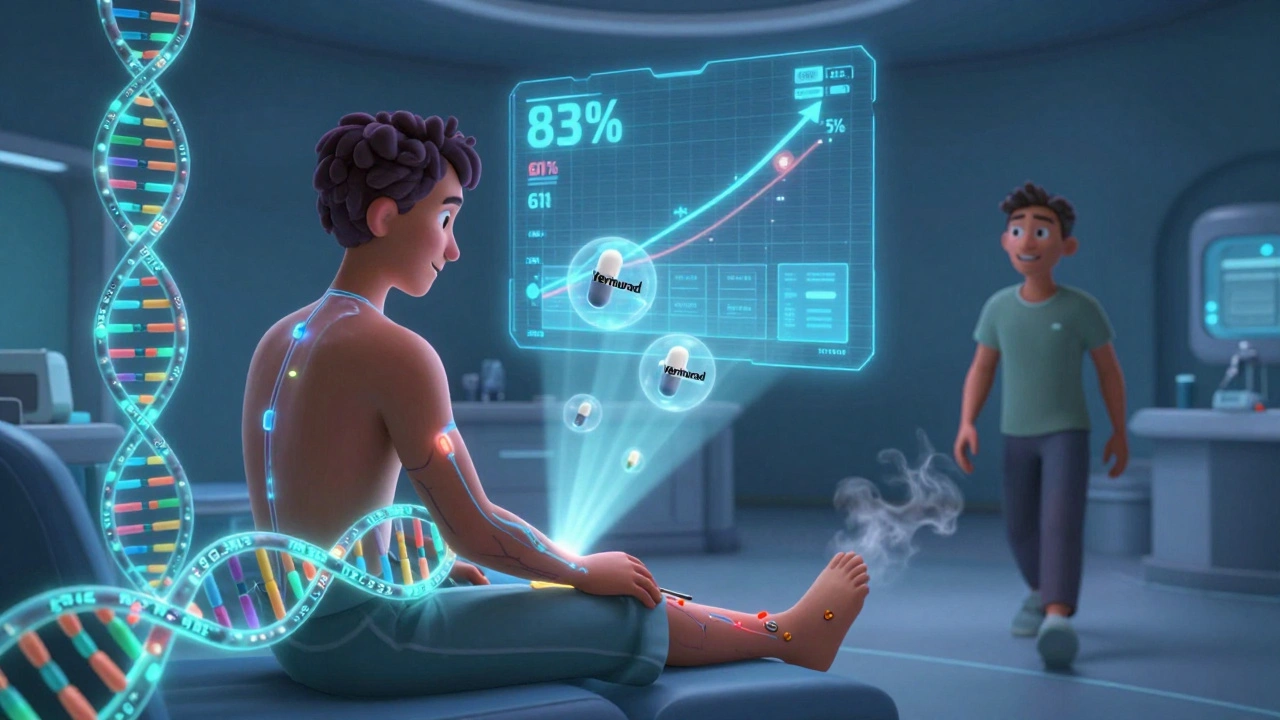 Genetic markers guiding personalized gout treatment, with Verinurad capsules floating nearby in a futuristic clinic scene.