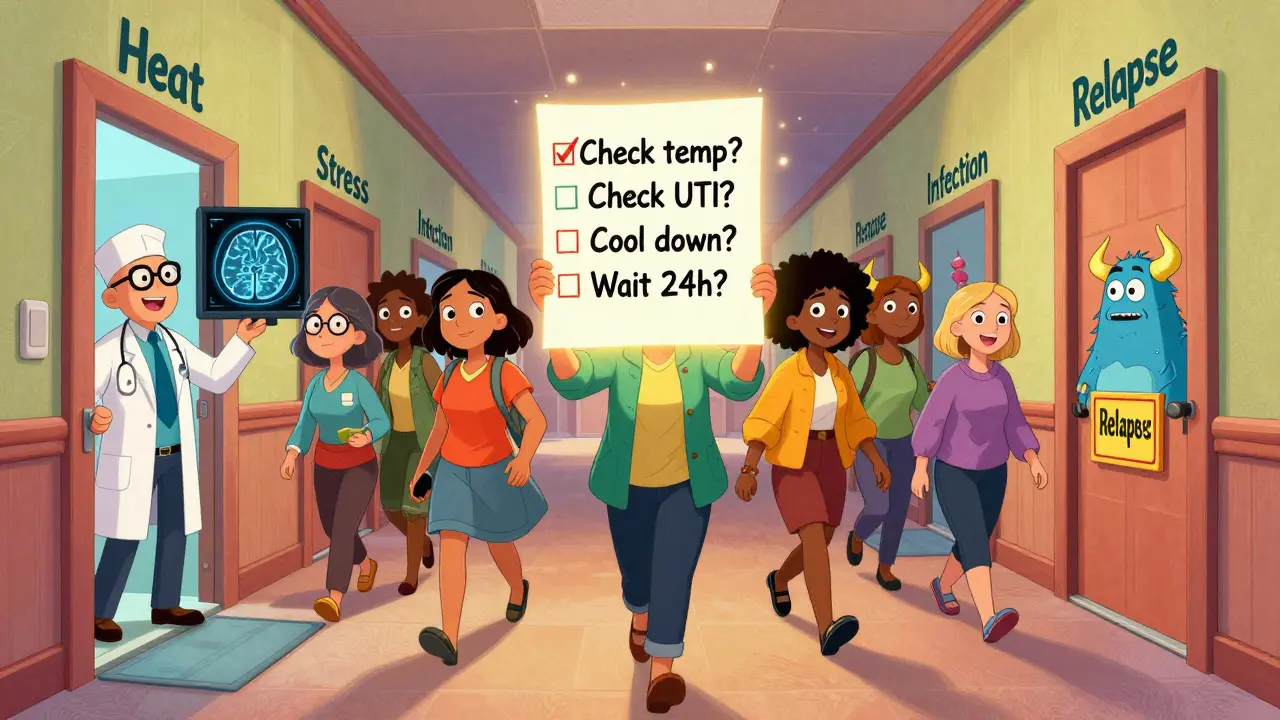 MS patients using a checklist to distinguish relapse from pseudorelapse in a colorful hallway.