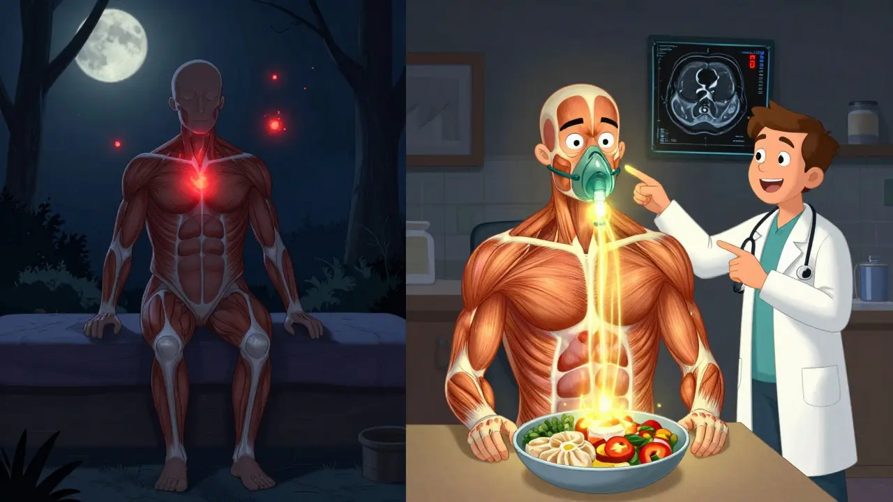 Nighttime scene showing muscle loss on one side and recovery from protein and oxygen on the other.