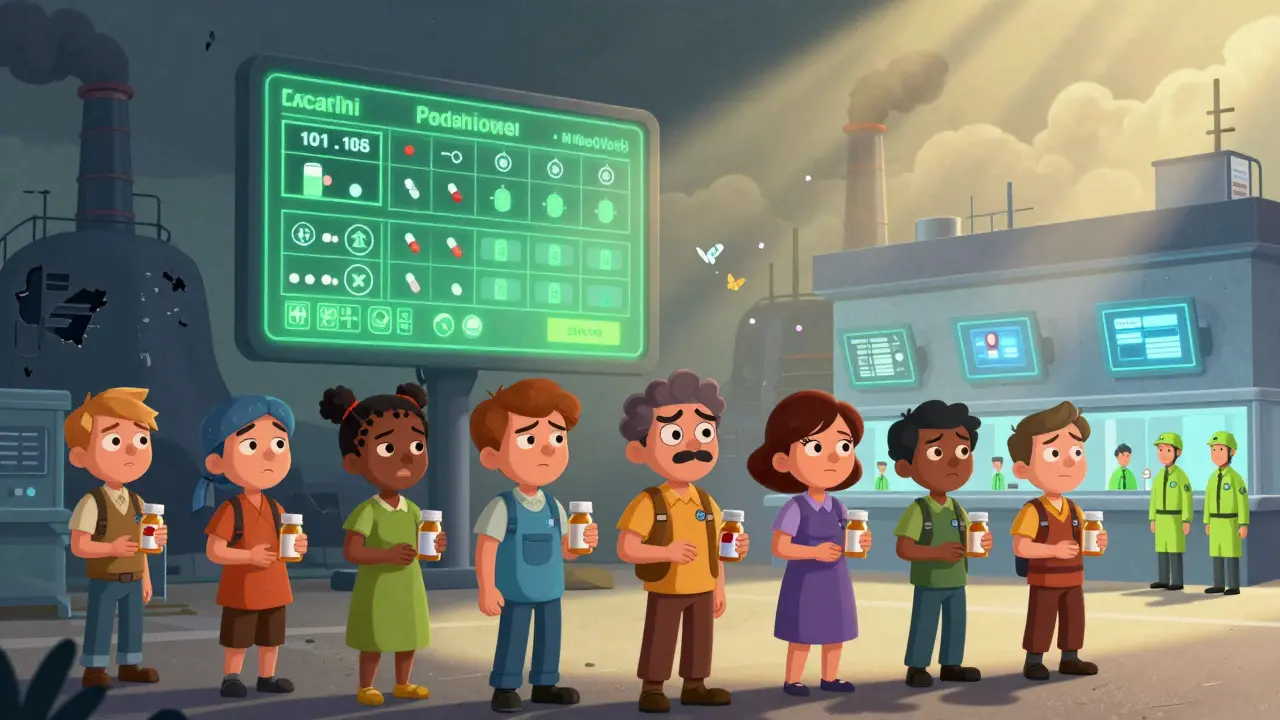 Patients hold pill bottles as a digital tracking screen glows above, with a transforming factory in the background symbolizing reform.