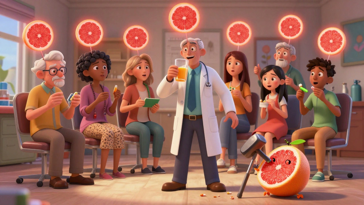 Patients in a doctor&#039;s office hold medications with grapefruit-shaped warning bubbles above them.