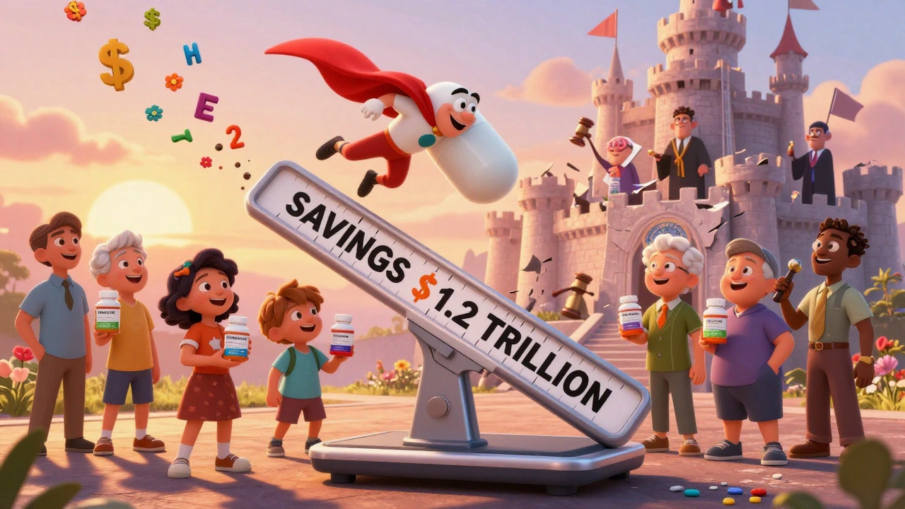 Patients on savings scale, heroic generic pill flying past patent castle, FDA beacon in sunset sky.