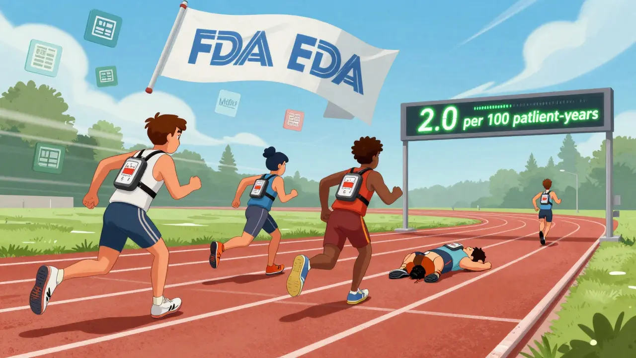 Patients racing on a track with timers, one pausing and another collapsing, as an EAIR meter glows above with medical code icons.
