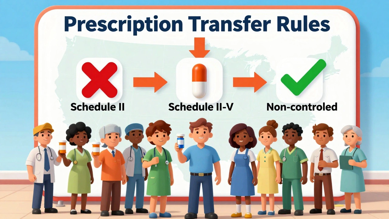 Patients standing before a flowchart showing rules for transferring different types of prescriptions.