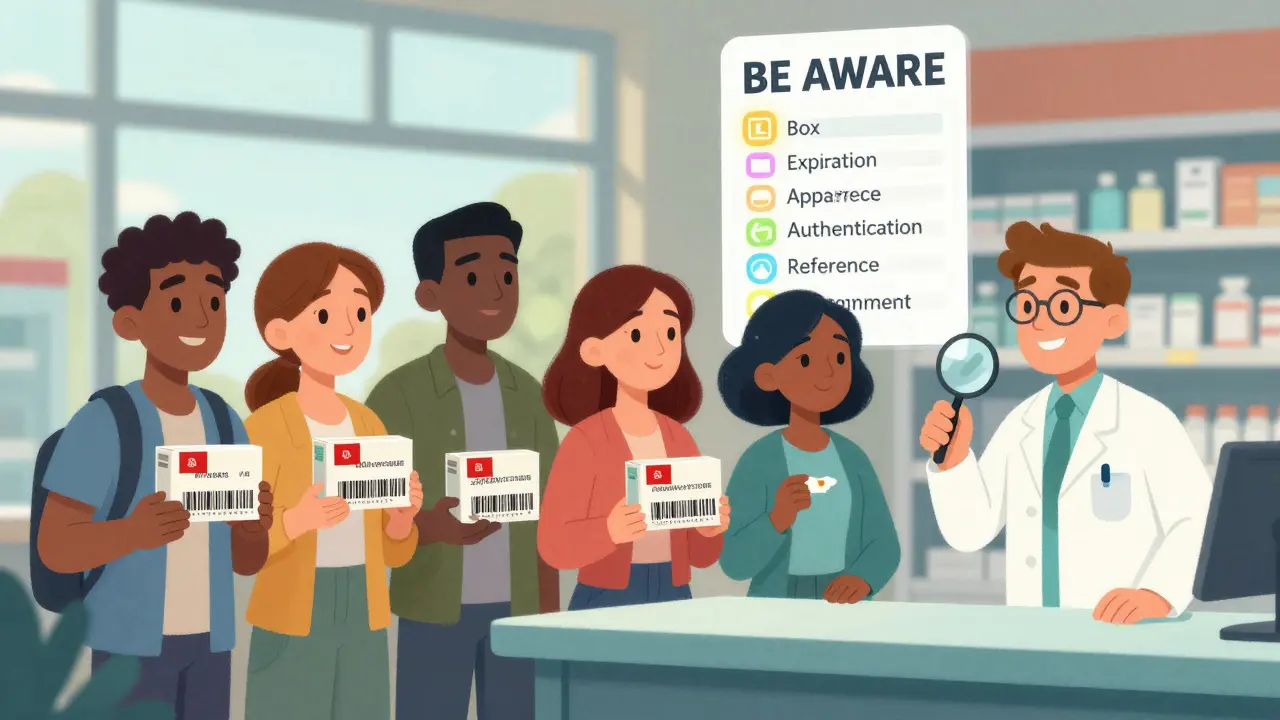 People at a pharmacy examining medicine boxes with visible signs of counterfeits, guided by a floating BE AWARE checklist.