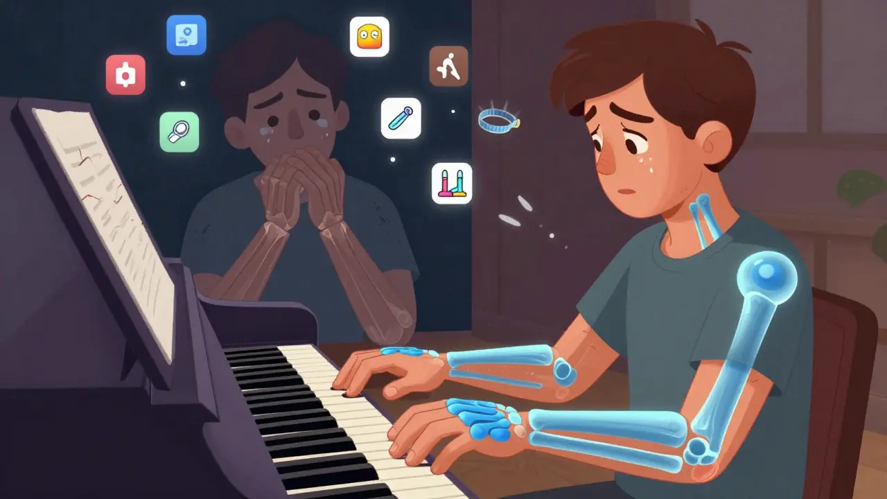 Person playing piano with healthy glowing joints, contrasting past suffering