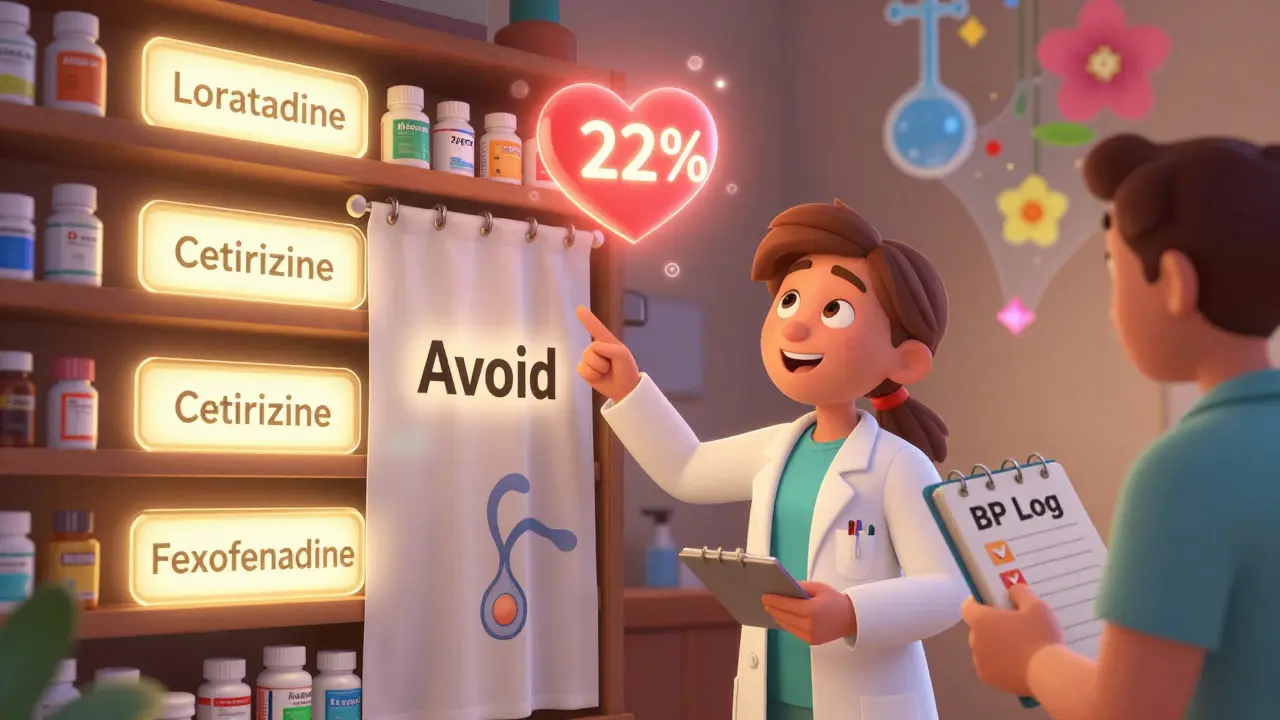 Pharmacist guides a patient to safe allergy meds, with heart-health icons and avoided products hidden away.