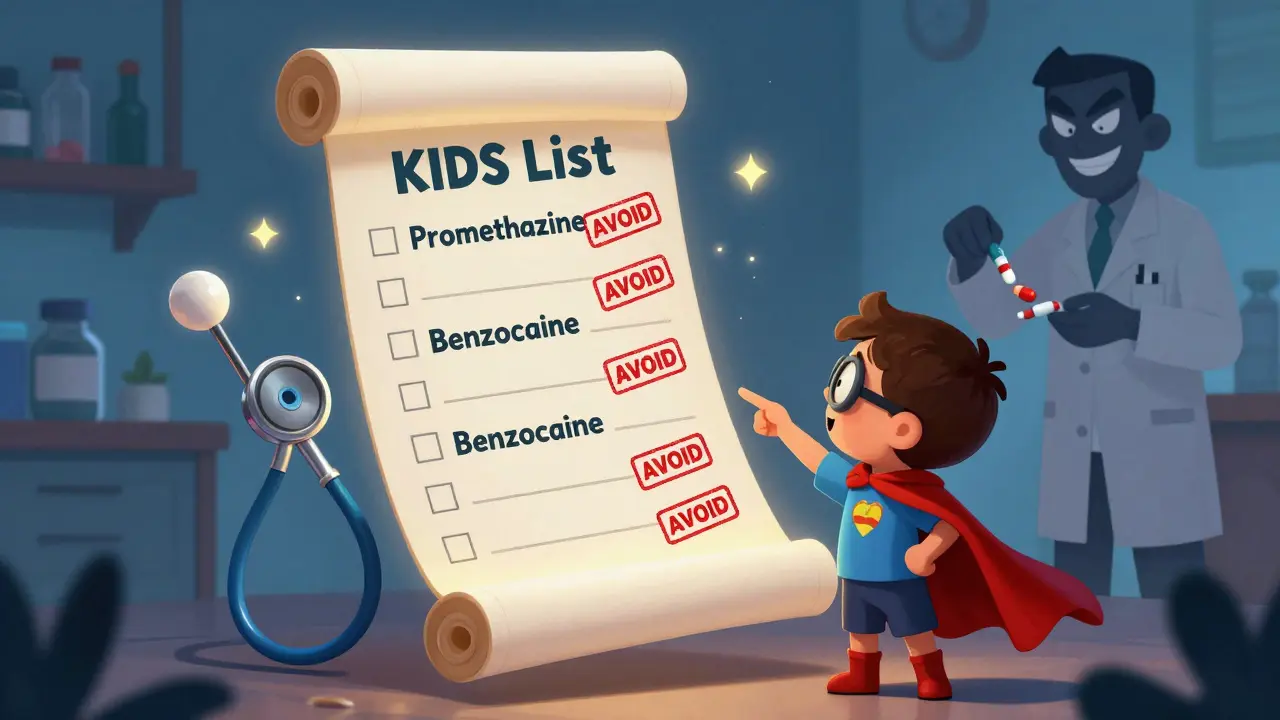 Pharmacist showing a glowing KIDs List to a child, with flagged drugs floating in red 'AVOID' stamps.