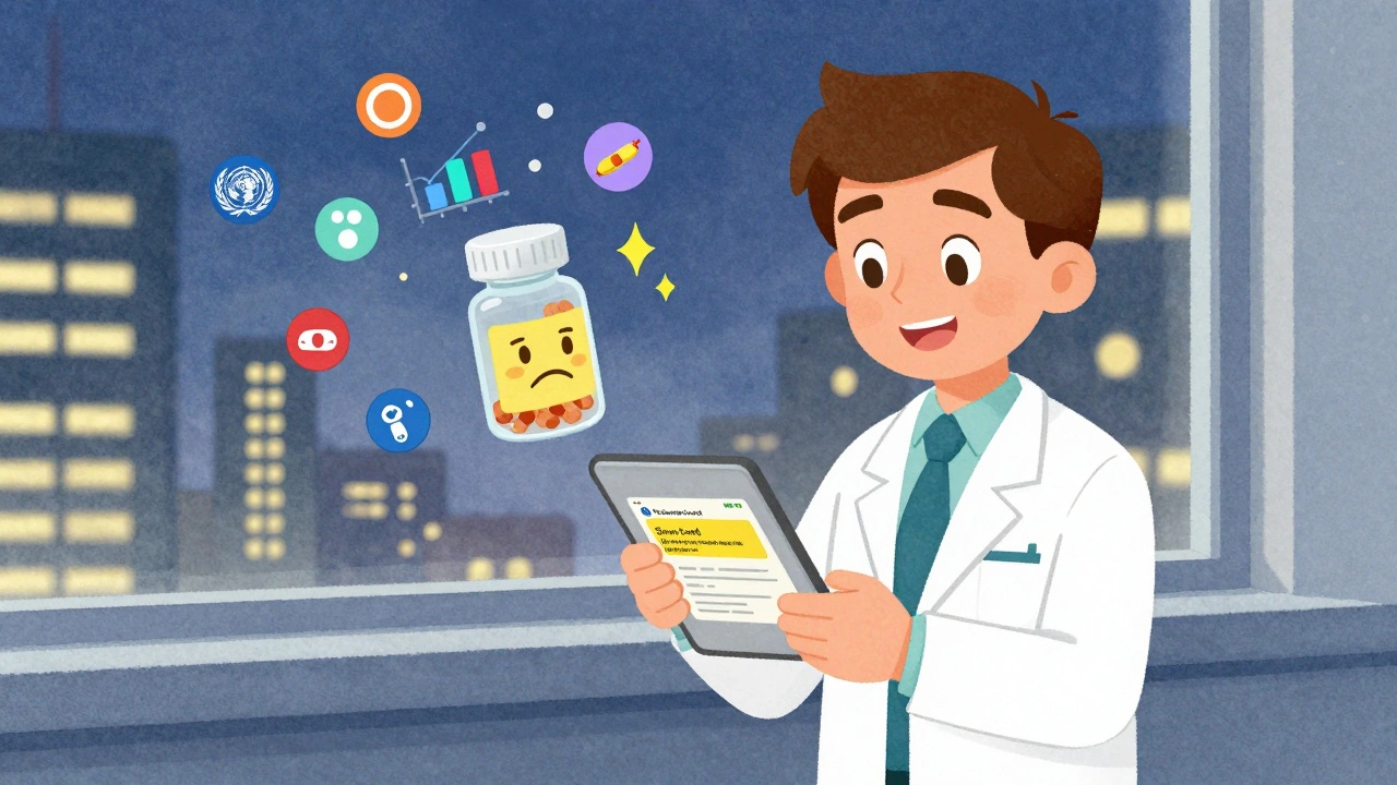 Pharmacist submitting a side effect report on a tablet, with a worried medicine bottle emitting warning sparks.