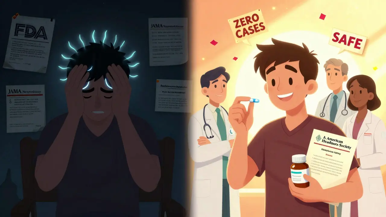 Split scene: left shows a suffering patient surrounded by old warnings; right shows them healed, holding medications with expert certificates.