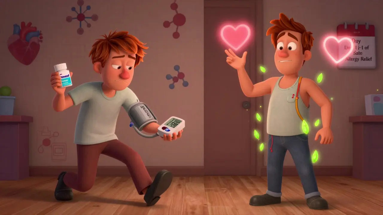 Split scene: one person feeling dizzy from Benadryl, another calm with steady blood pressure from Zyrtec.