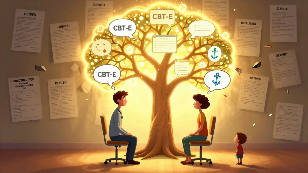 Therapist and patient under a glowing thought tree, with insurance denials crumbling as hope emerges.