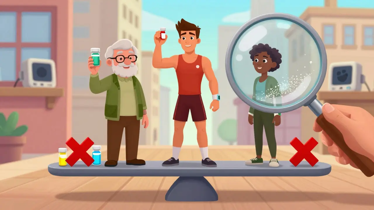 Three people balance safe vs. dangerous allergy meds on a scale, with magnifying glass revealing hidden ingredients.