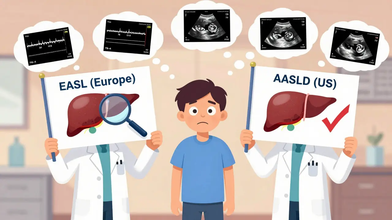 Two doctors holding different regional guidelines, with floating liver test results, while a confused patient stands between them.