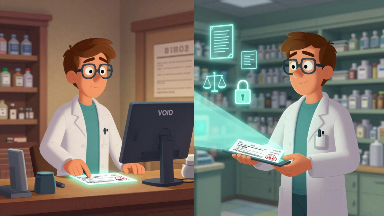 Two pharmacists exchanging a prescription digitally with a &#039;VOID&#039; stamp and transfer beam.