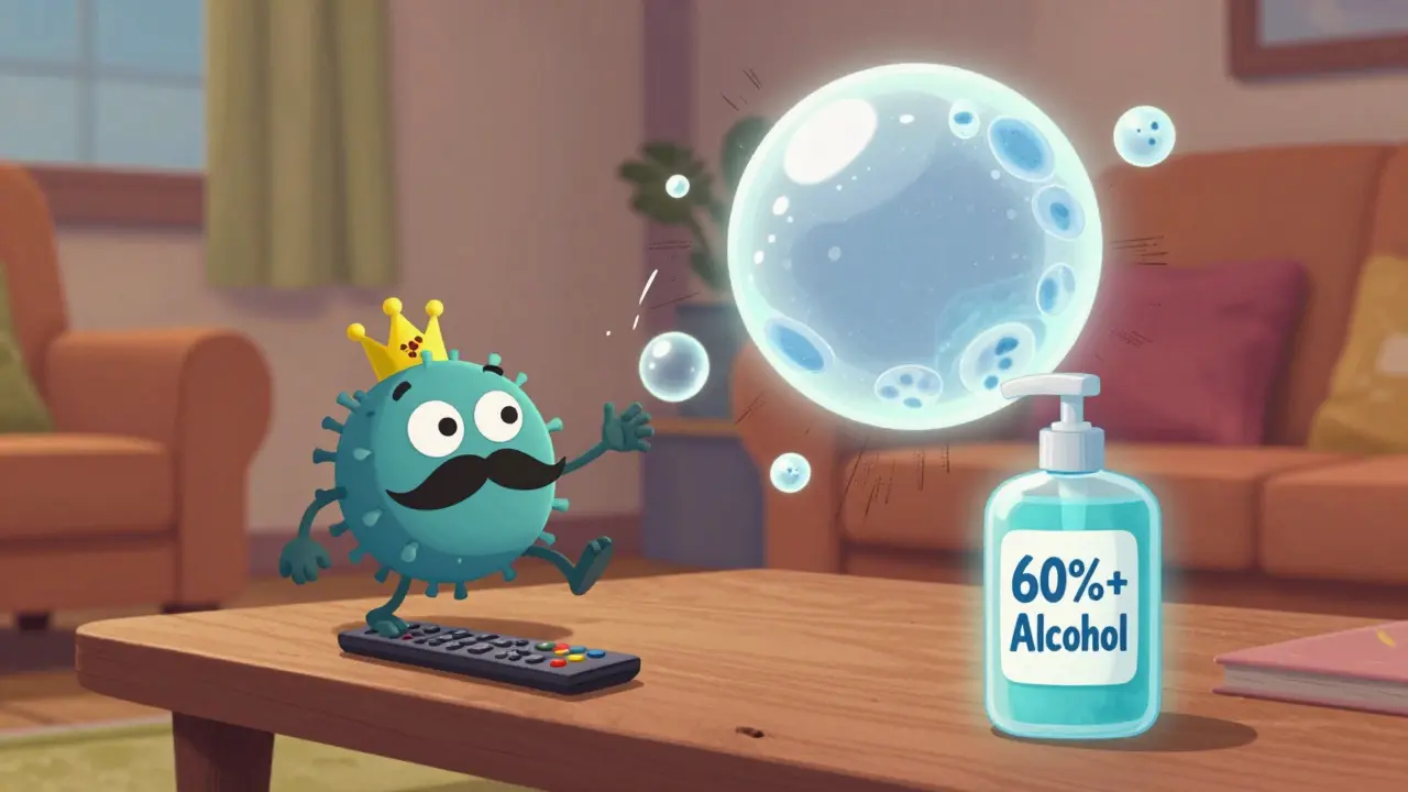 A child about to touch a remote as cartoon germs jump off it, stopped by a giant soap bubble from hand sanitizer.