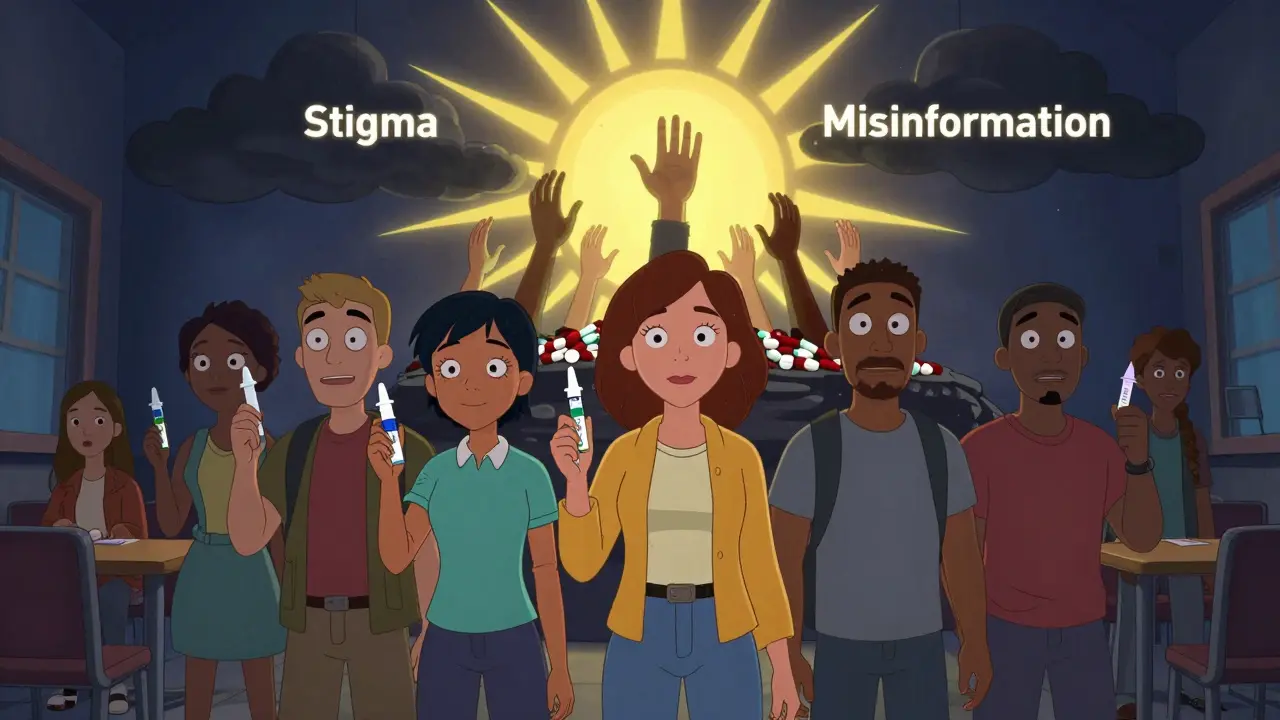 A diverse group holds naloxone and test strips, standing before a mural of hands lifting people from a pit of pills toward sunlight.