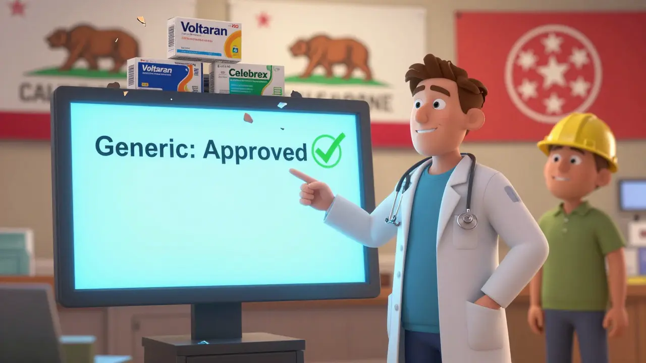 A doctor shows a formulary approving generics while brand-name drug boxes crumble behind them.