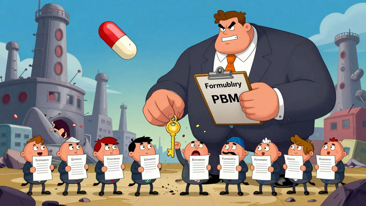 A giant PBM hands the formulary contract to a third generic entrant, while others vanish, with collapsing factories in the background.