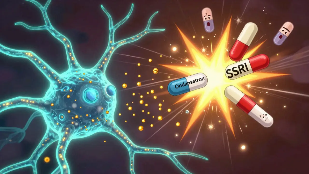 A glowing neuron network overloaded with serotonin particles as two drug molecules collide in a colorful explosion.