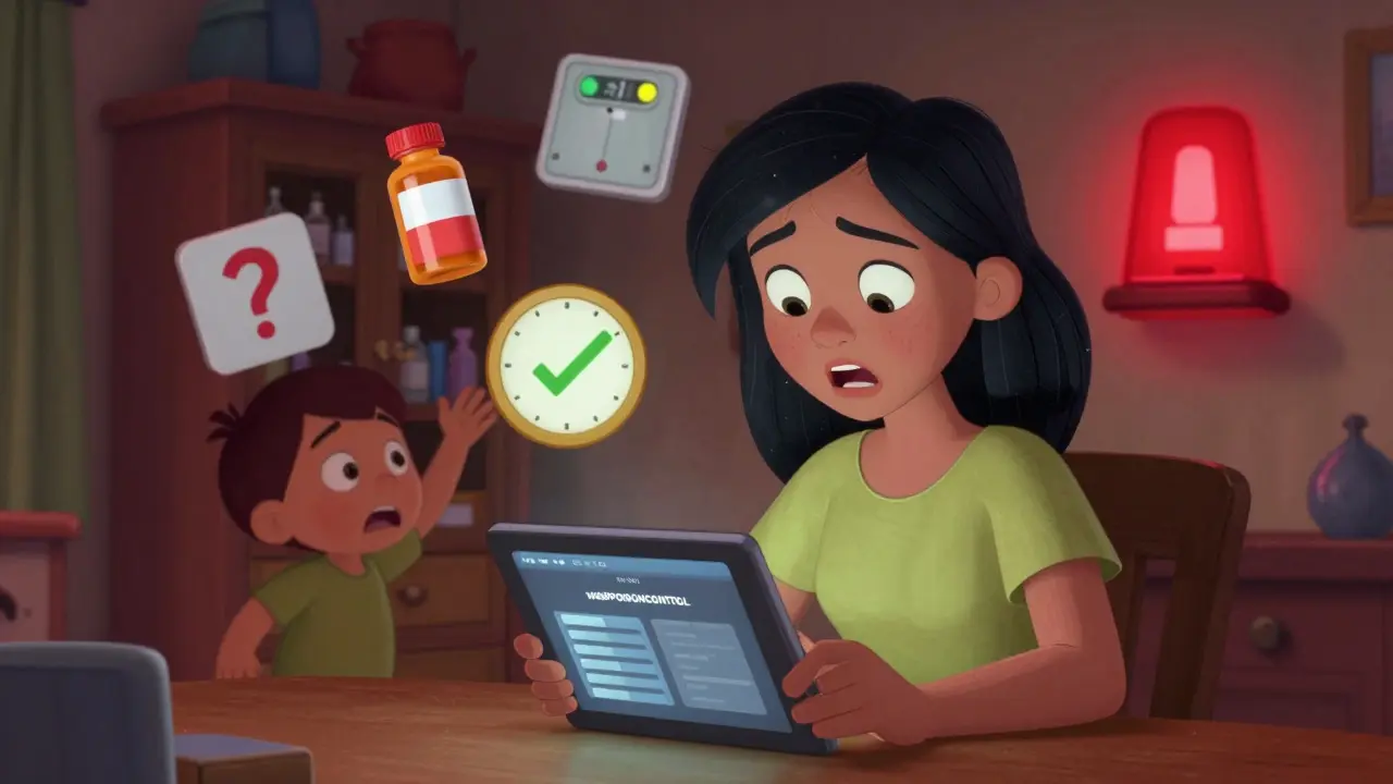 A mother uses a tablet to report a medication error, with animated icons showing risk factors and a child reaching for medicine.