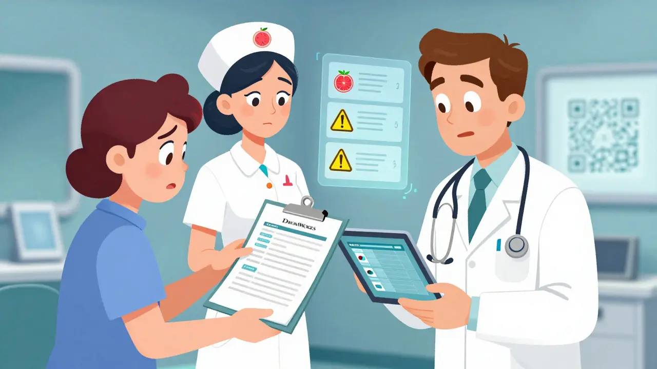 A patient and doctor in an ER sharing medication records from binder and tablet.