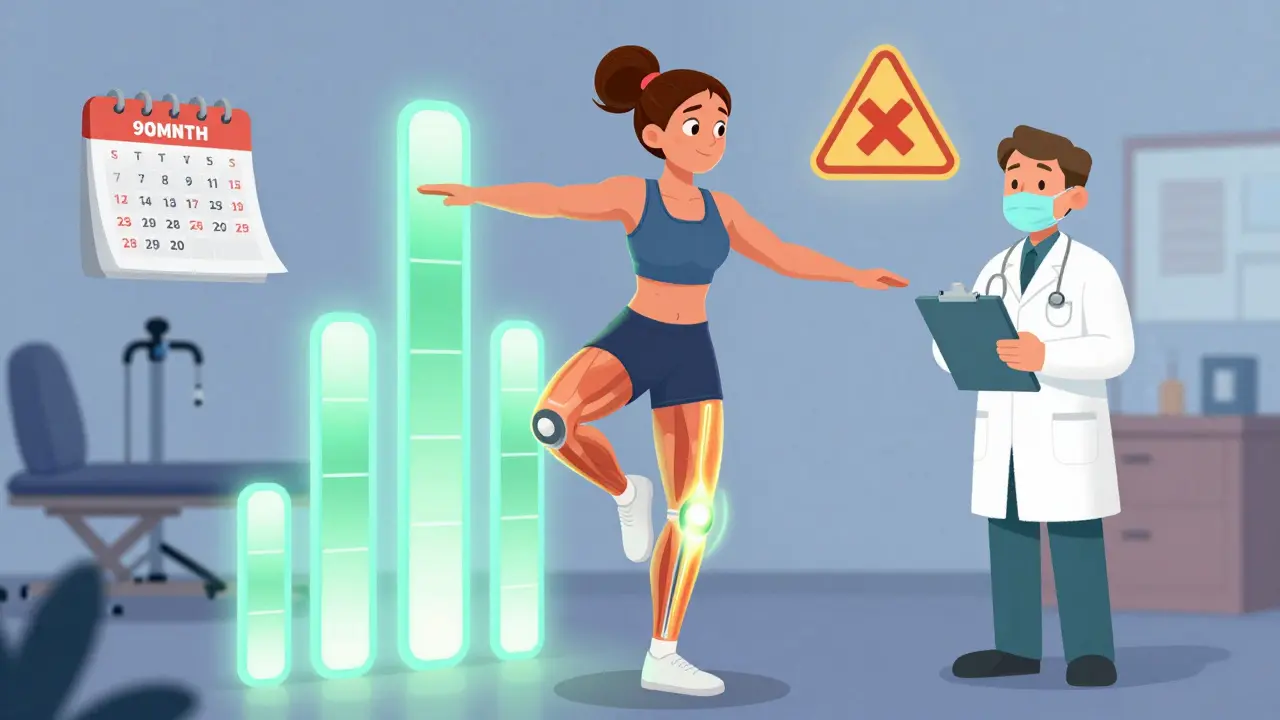 A patient doing physical therapy with glowing muscles and progress bars, guided by a cartoon surgeon.