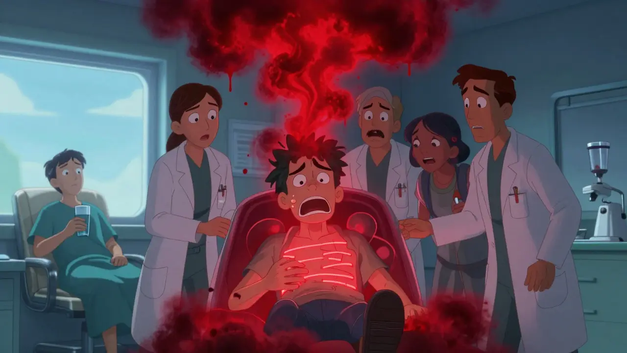 A patient in emergency room with warning signs, contrasted with a calm person taking metformin safely.