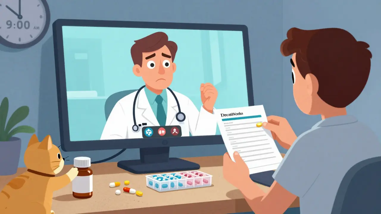 A patient showing medicines on a table during a video call with their doctor.