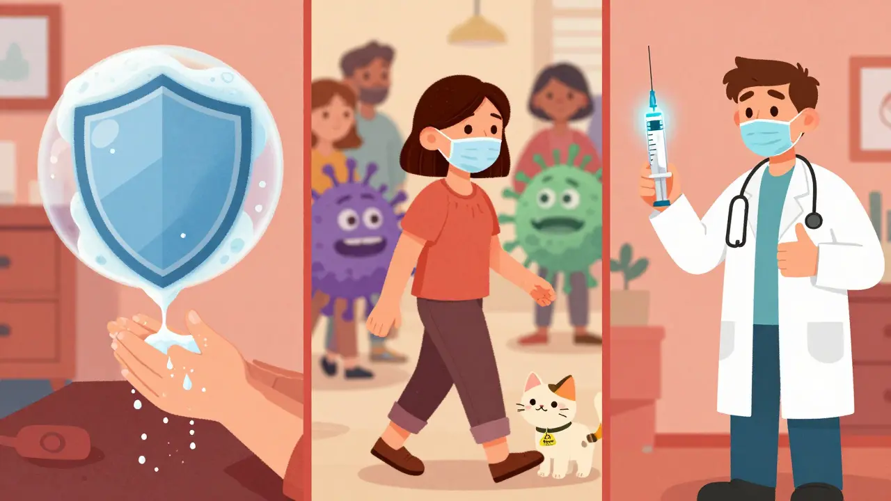 A patient washes hands, wears a mask, and receives a vaccine, with a pet cat nearby and a warning tag on its collar.