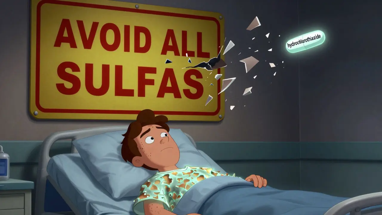 A patient with skin reaction sees a sulfa warning shatter, while one safe medication glows nearby.