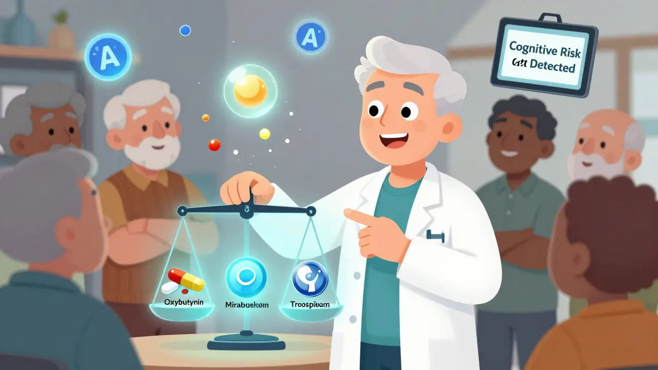 A pharmacist explains the ACB scale as risky drugs crumble and safer alternatives glow with light.