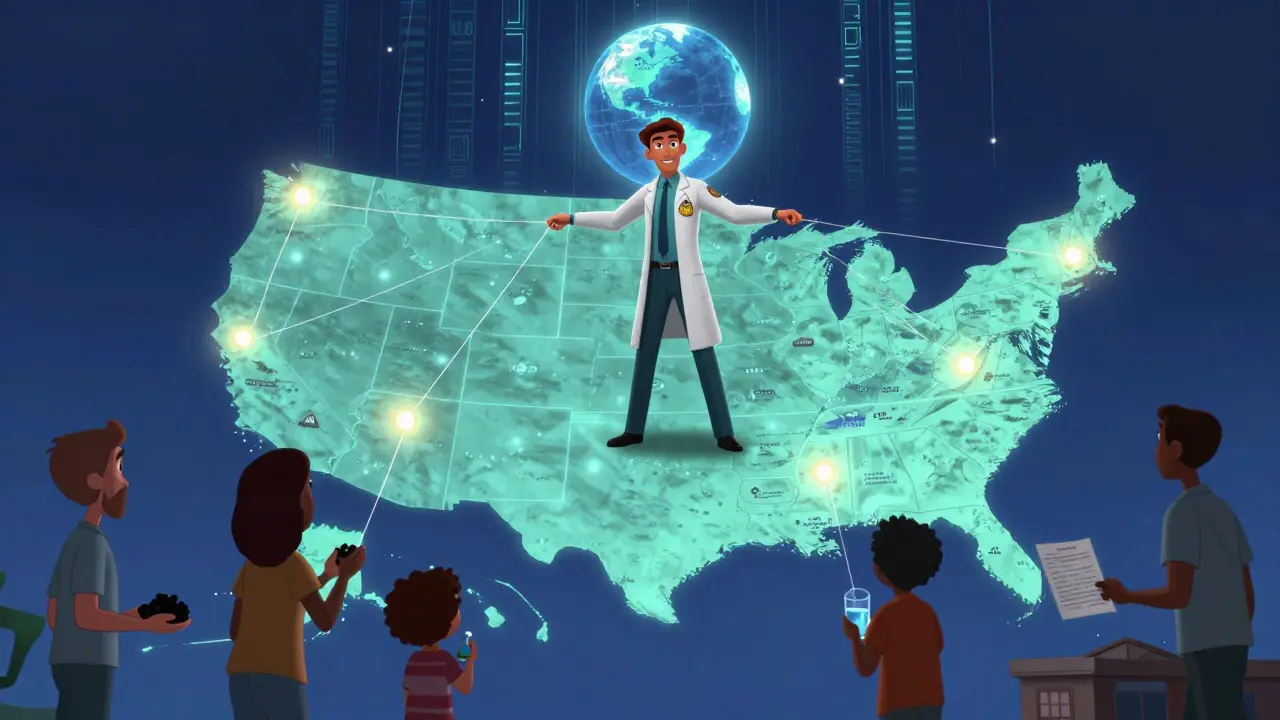 A poison control hero guides families across a glowing U.S. map, with data streams connecting centers and safe treatments.