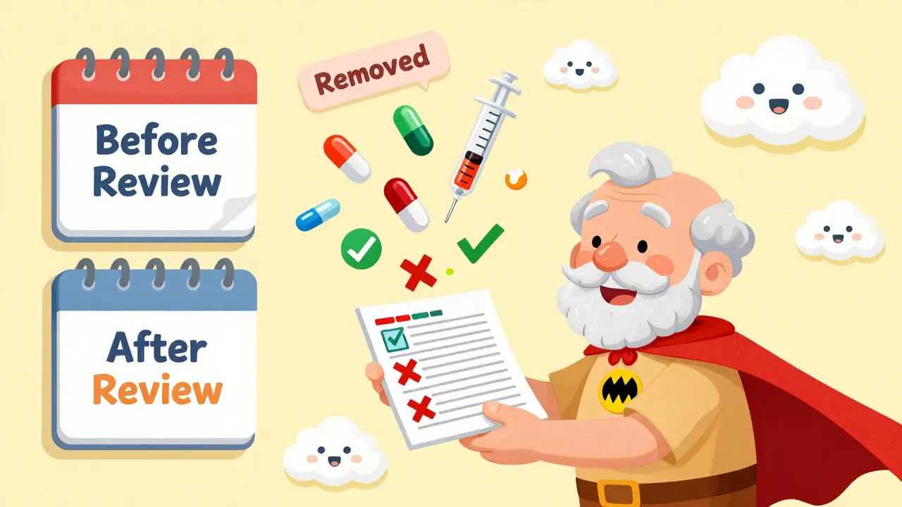 A senior holding a simplified medication plan with floating pills and checkmarks around them.