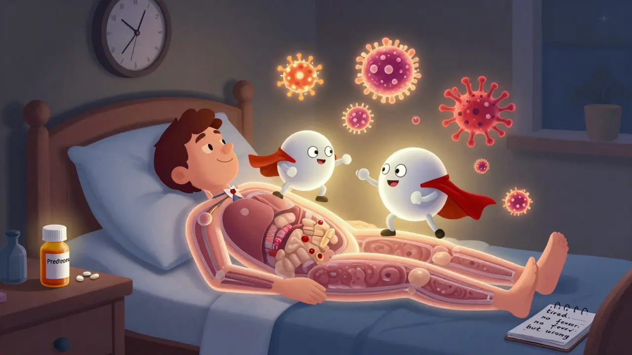 A transparent patient sleeps as cartoon immune cells battle infections inside their body, with a prednisone pill dimming their strength.