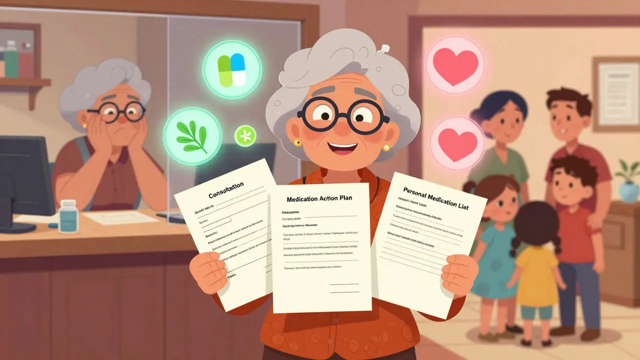 A woman holding three important medication documents with glowing health icons around her.