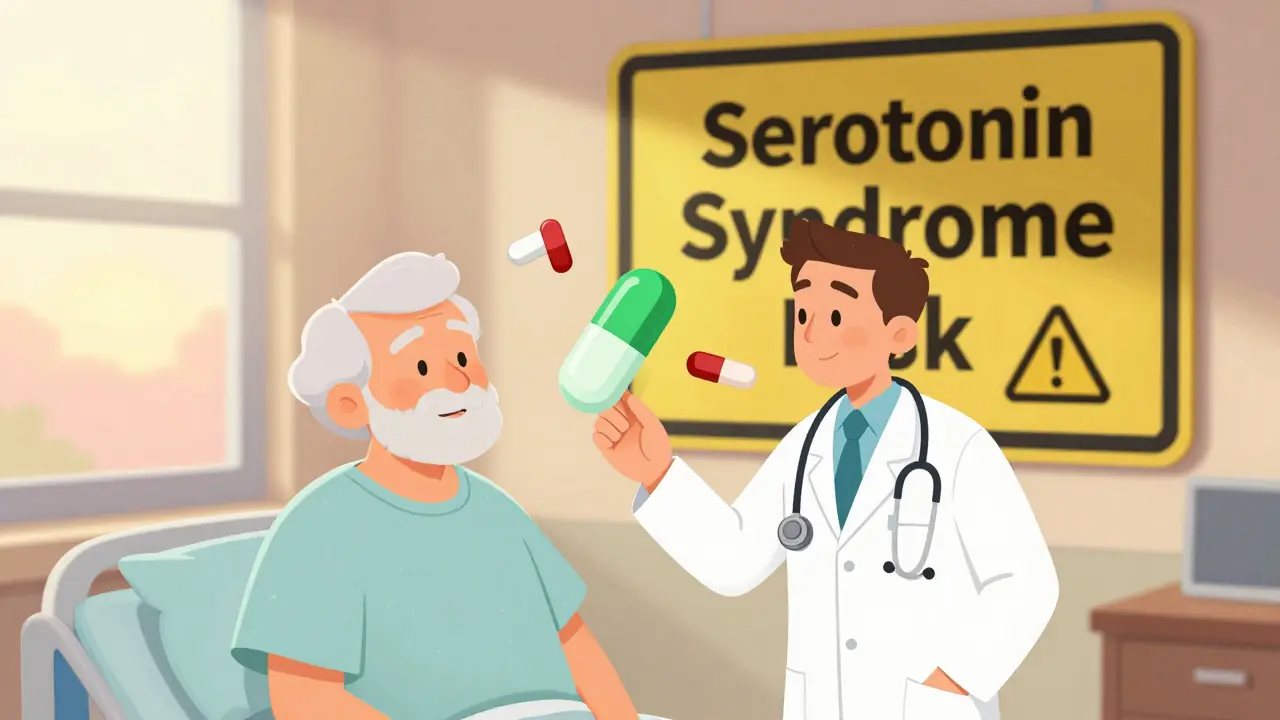 An elderly patient being helped by a doctor, with dangerous drugs replaced by a safe green tablet under a sunrise.