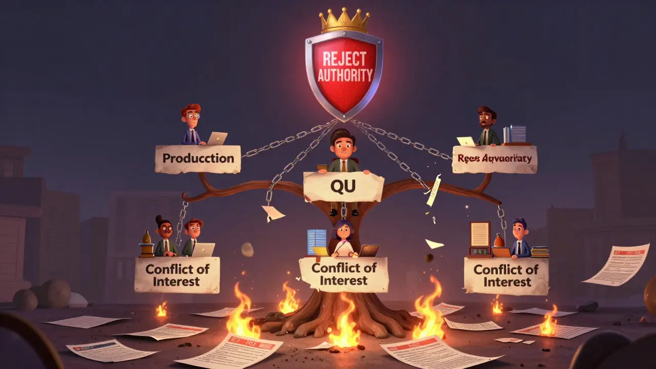 An organizational chart shows Quality Assurance reporting directly to the CEO, with broken chains separating it from production.