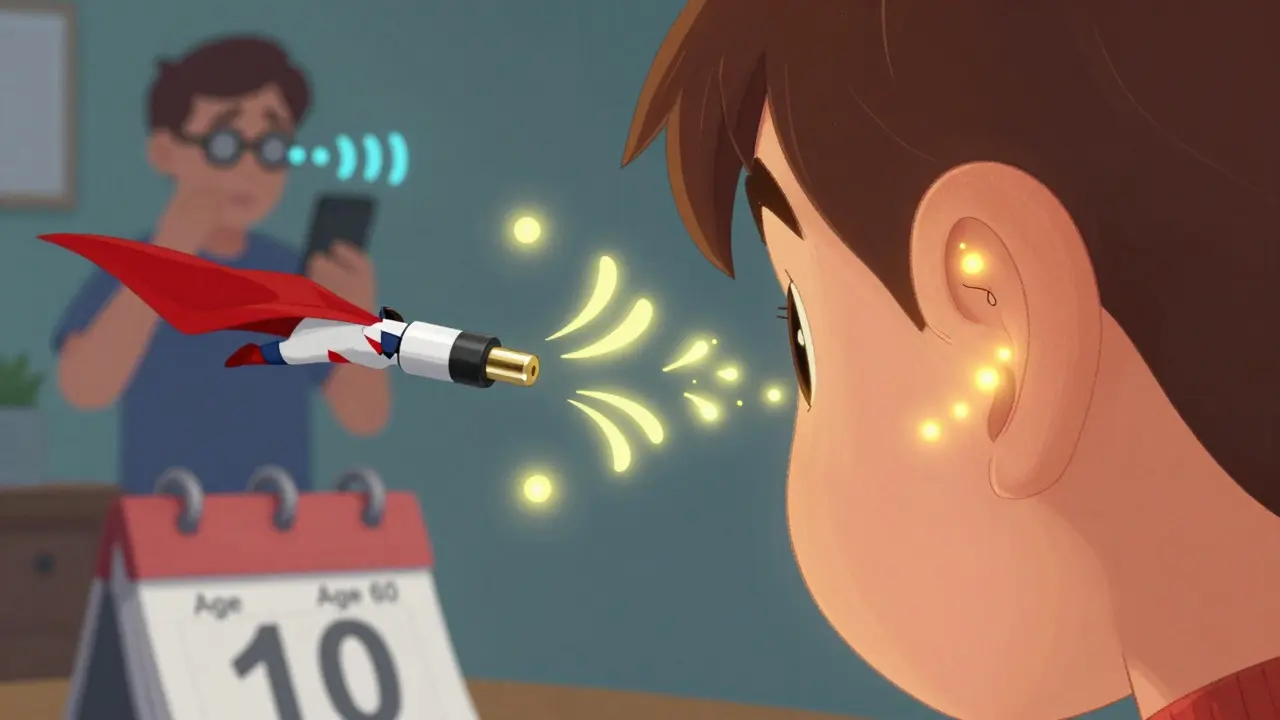 Child's ear with glowing hair cells protected by a superhero earplug.