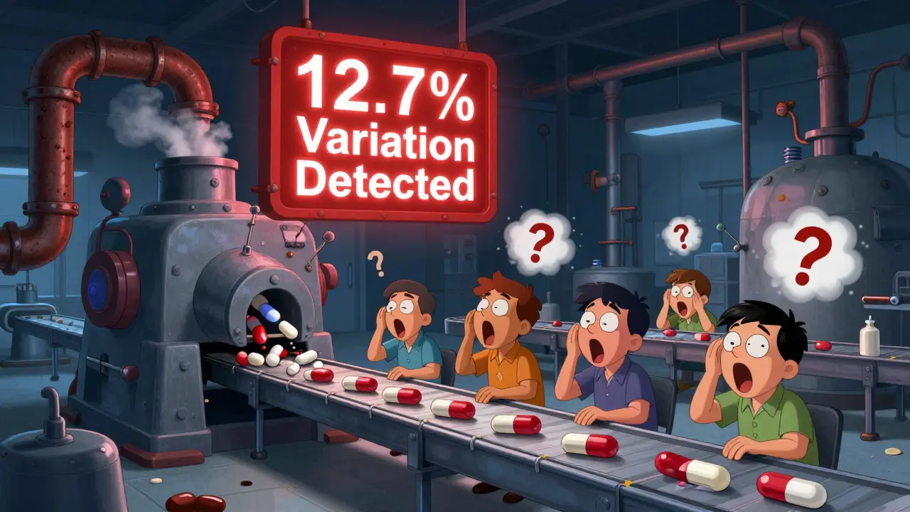 Clunky old factory machines producing misshapen pills with tired workers inspecting them.