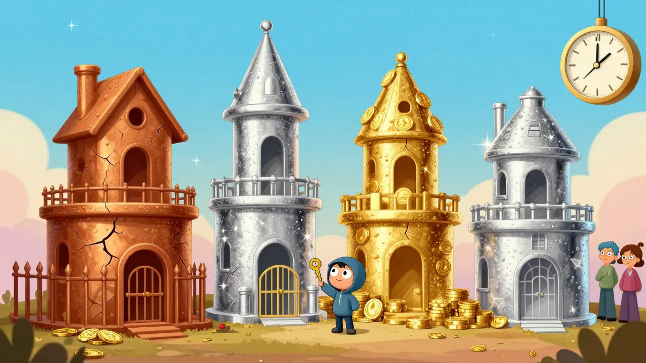 Colorful metal tier houses with Silver house glowing, others varying in detail, under an expiration clock